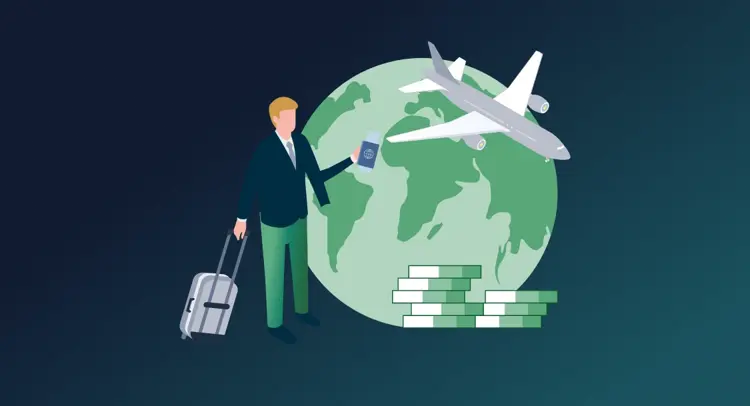 Illustration of a person with a suitcase and passport near a globe, airplane, and stacks of money, symbolizing travel and finance.