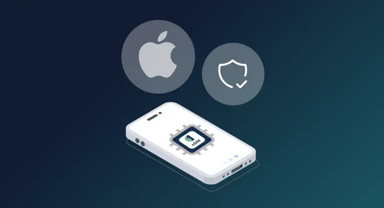 A smartphone with an eSIM chip is depicted, alongside icons of an apple logo and a security shield, symbolizing technology and security.