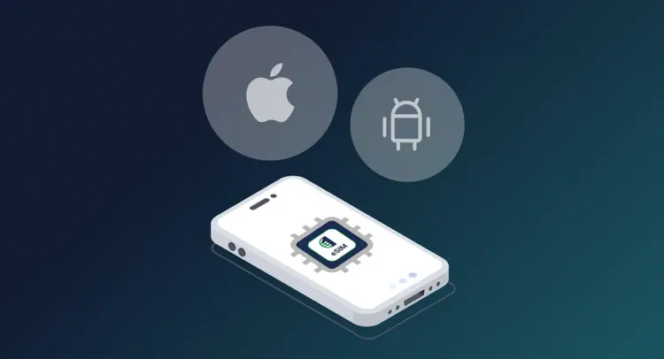 A smartphone with a SIM card depicted as a microchip, with Apple and Android logos above it, symbolizing compatibility with both platforms.