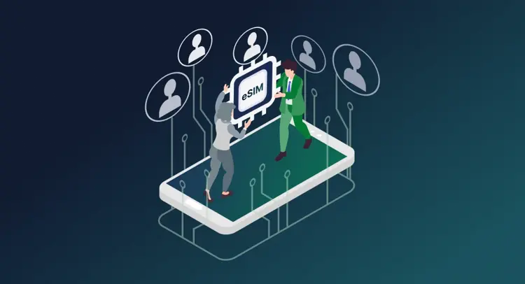 Two people standing on a large smartphone hold an eSIM chip, surrounded by icons representing users, symbolizing digital connectivity at Com.vention 2026.